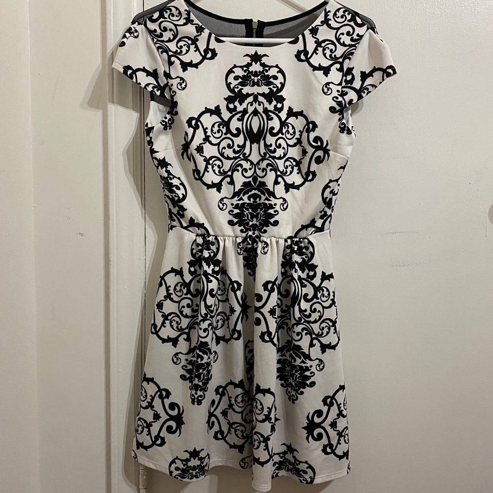 White Mesh Back Lace Print Fit and Flare Dress